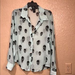 Teal skull sheer top